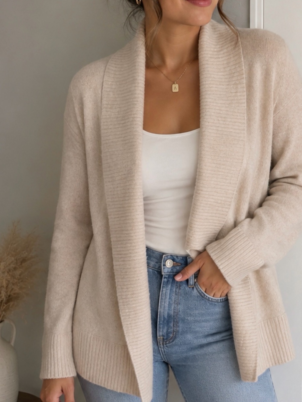Bloomingdale's Cashmere Cream Shawl Collar Open Cardigan